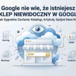 Infografika przedstawiająca powody niskiej widoczności sklepu internetowego w Google, proces indeksacji oraz znaczenie sygnałów zaufania takich jak katalogi, artykuły i dane DNAP.