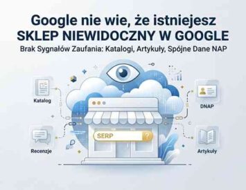 Infografika przedstawiająca powody niskiej widoczności sklepu internetowego w Google, proces indeksacji oraz znaczenie sygnałów zaufania takich jak katalogi, artykuły i dane DNAP.