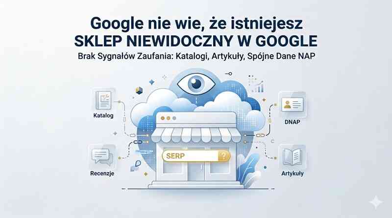 Infografika przedstawiająca powody niskiej widoczności sklepu internetowego w Google, proces indeksacji oraz znaczenie sygnałów zaufania takich jak katalogi, artykuły i dane DNAP.
