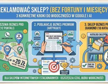 Infografika przedstawiająca 3 kroki do reklamy sklepu: Ogłoszenia Biznes PRO, Publikacje Biznes Premium oraz obecność w Katalogach Sklepów Diamond z odznaką Sklep Godny Zaufania.