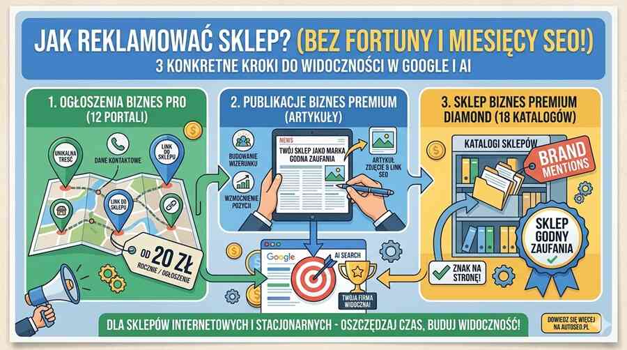 Infografika przedstawiająca 3 kroki do reklamy sklepu: Ogłoszenia Biznes PRO, Publikacje Biznes Premium oraz obecność w Katalogach Sklepów Diamond z odznaką Sklep Godny Zaufania.
