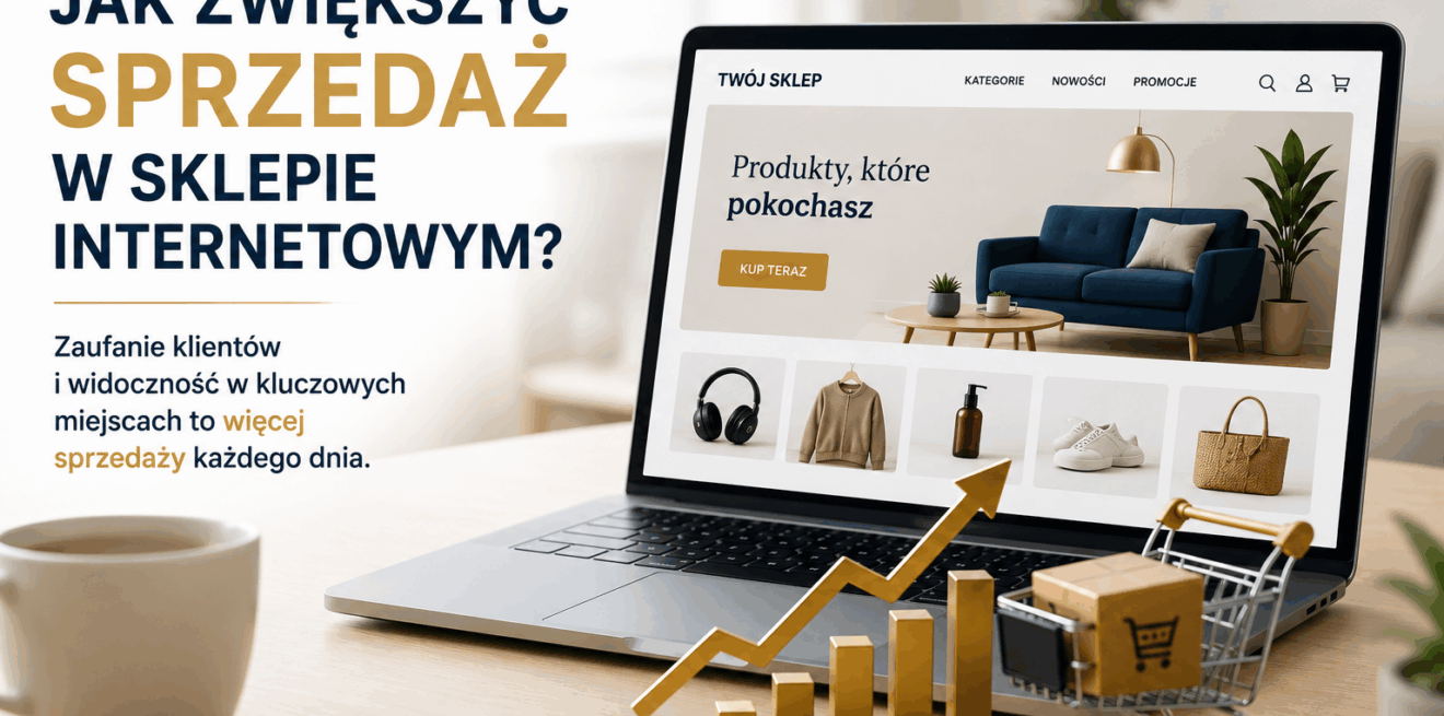 Laptop z widokiem sklepu internetowego, obok rosnący wykres sprzedaży i koszyk zakupowy. Grafika przedstawia zwiększanie sprzedaży sklepu internetowego dzięki widoczności i zaufaniu klientów.
