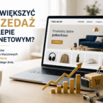 Laptop z widokiem sklepu internetowego, obok rosnący wykres sprzedaży i koszyk zakupowy. Grafika przedstawia zwiększanie sprzedaży sklepu internetowego dzięki widoczności i zaufaniu klientów.