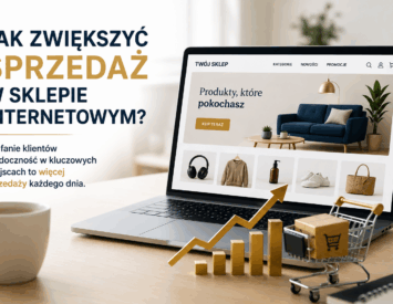 Laptop z widokiem sklepu internetowego, obok rosnący wykres sprzedaży i koszyk zakupowy. Grafika przedstawia zwiększanie sprzedaży sklepu internetowego dzięki widoczności i zaufaniu klientów.