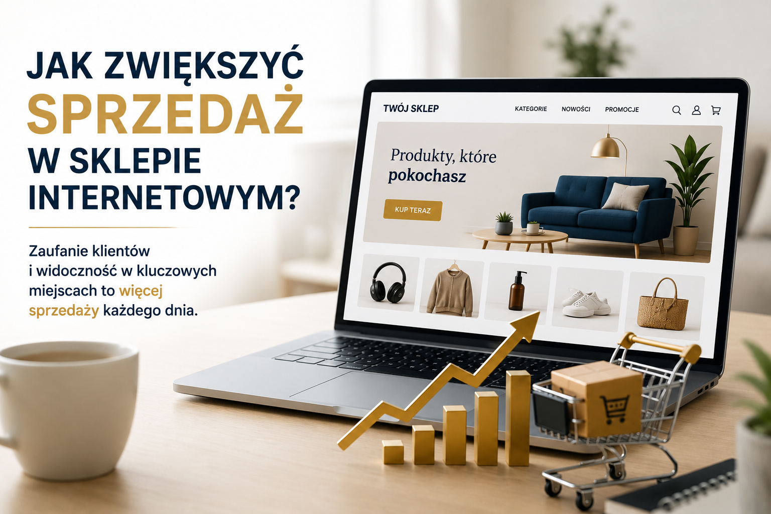 Laptop z widokiem sklepu internetowego, obok rosnący wykres sprzedaży i koszyk zakupowy. Grafika przedstawia zwiększanie sprzedaży sklepu internetowego dzięki widoczności i zaufaniu klientów.